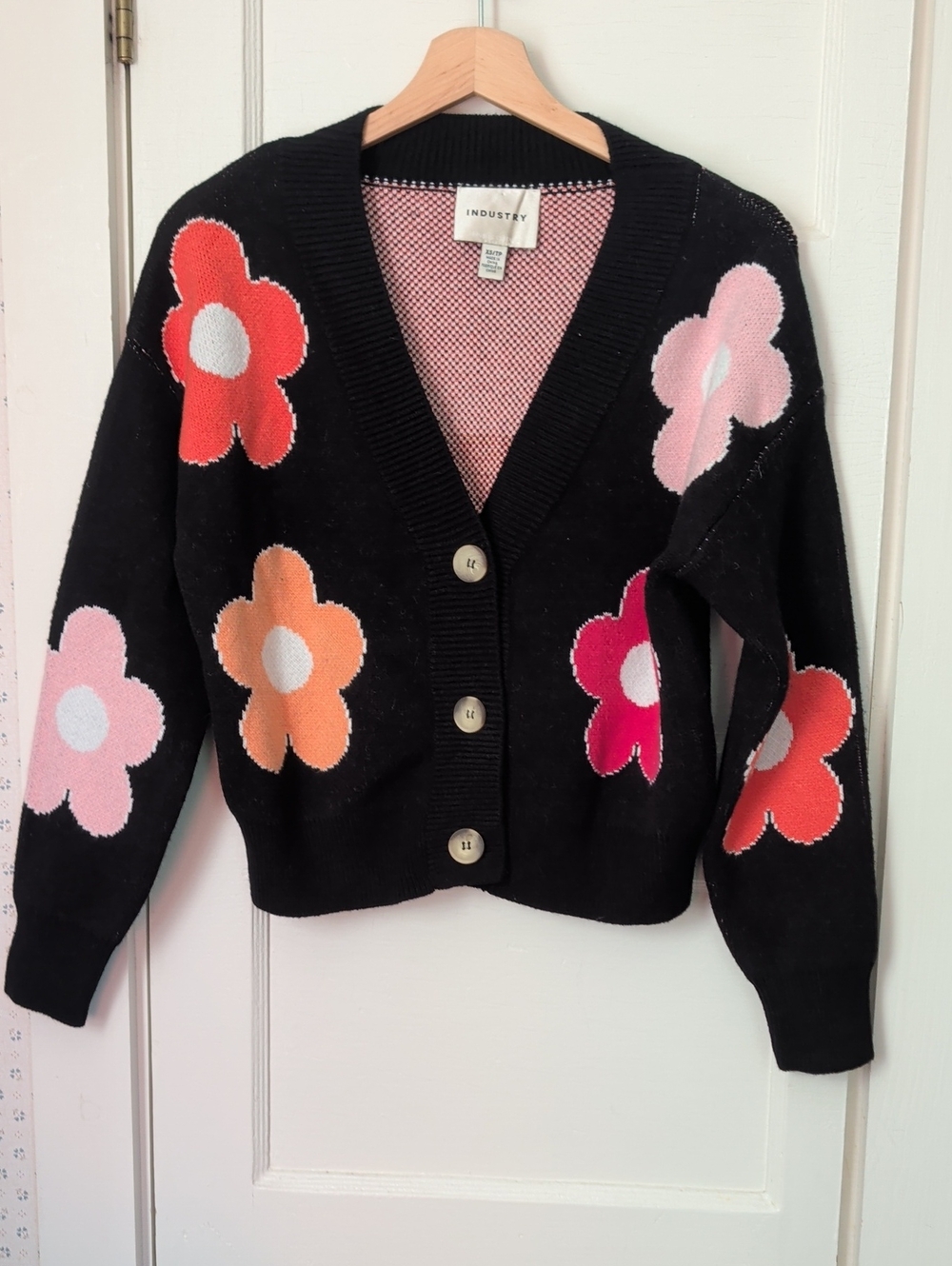 Industry Republic Cardigan Black Floral Sweater Pink Orange Pop Art Wear Soft XS